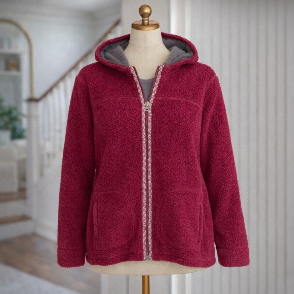 LL Bean Sherpa Teddy Bear Fuchsia Hooded Jacket Sz XL